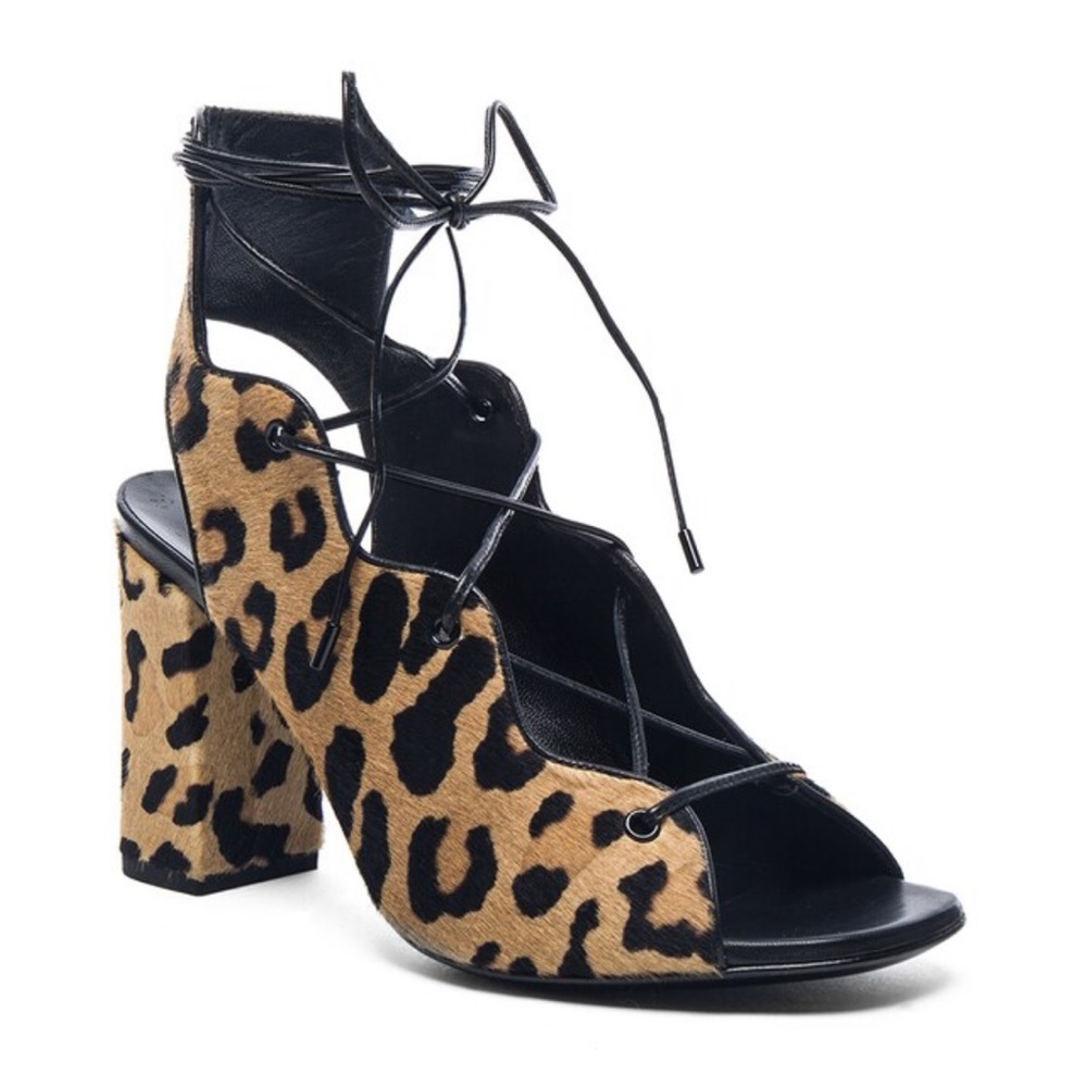 Saint Laurent Leopard Calf Hair Lace Up Heeled Sandal